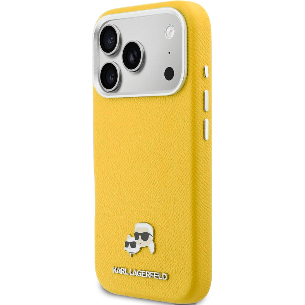 Etui ochronne Karl Lagerfeld Karl and Choupette Head Pin Saffiano MagSafe do iPhone 17 Pro, żółte