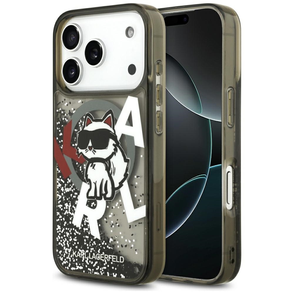 Karl Lagerfeld Liquid Glitter Choupette Logo MagSafe, modny przezroczysty design logo styl, przydymione, wzorzyste z brokatem