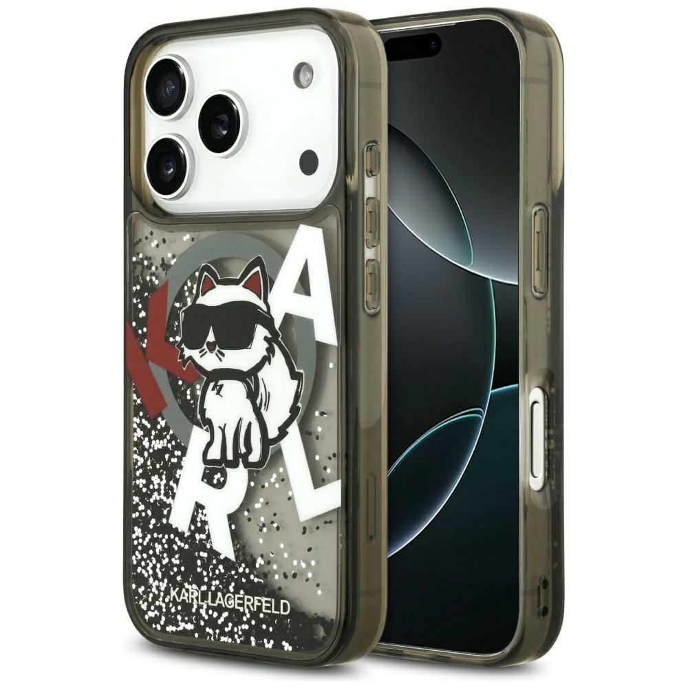 Karl Lagerfeld Liquid Glitter Choupette Logo MagSafe, modny przezroczysty design logo styl, przydymione, wzorzyste z brokatem