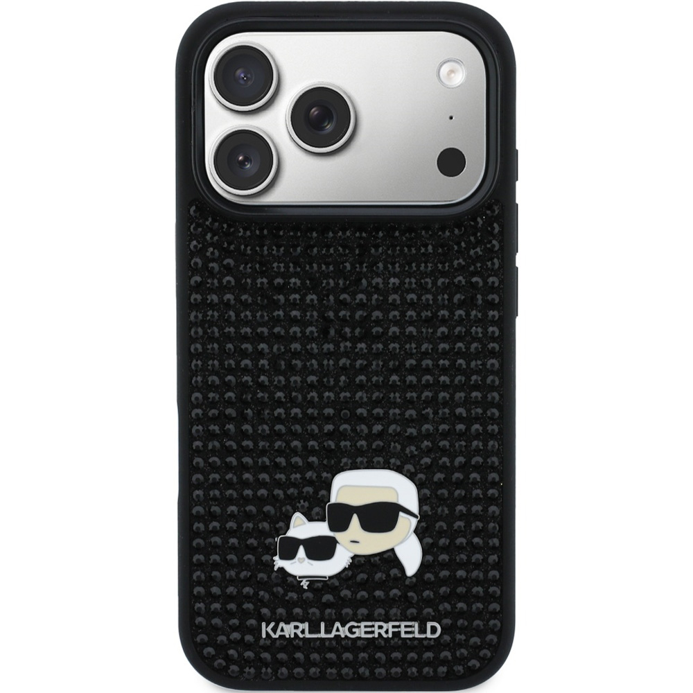 Etui Karl Lagerfeld Rhinestone Karl and Choupette Pin do iPhone 17 Pro Max, czarne