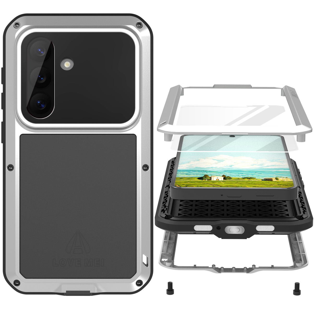 Etui pancerne + szkło LOVE MEI Powerful do Galaxy S26, srebrne