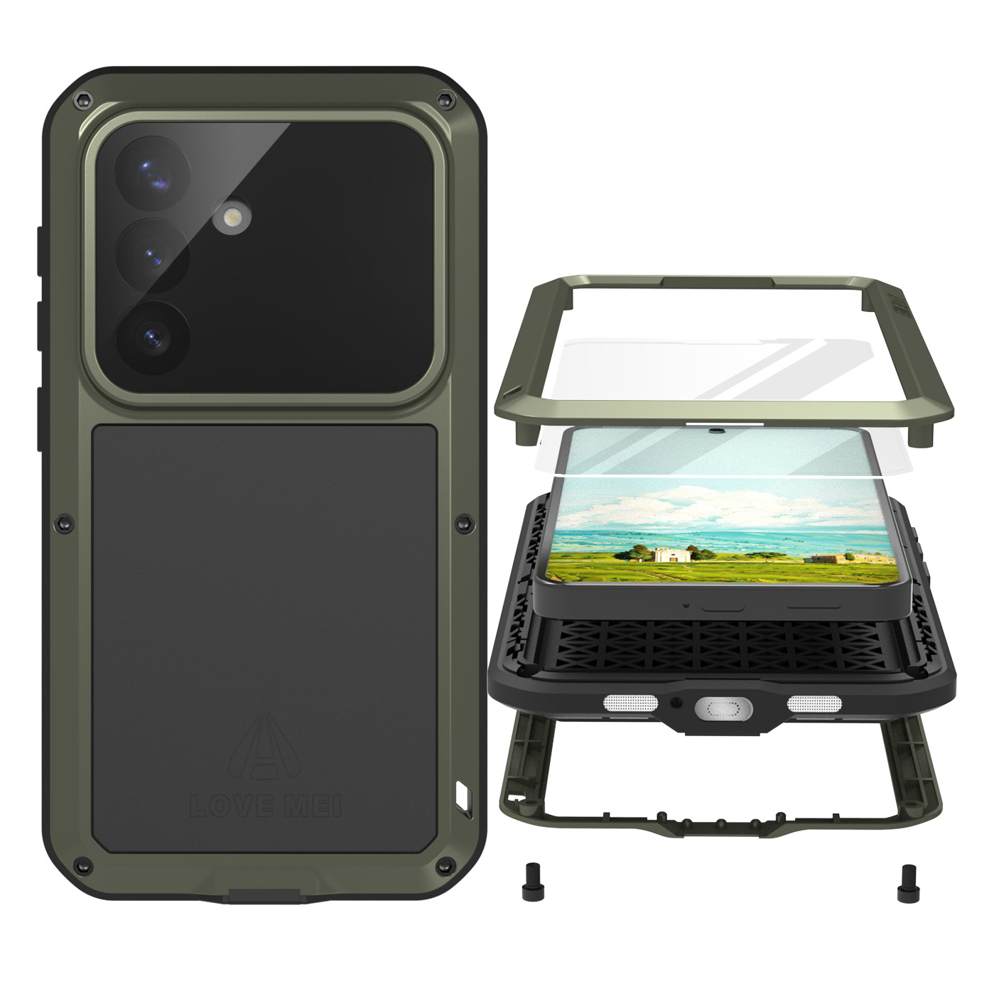 Etui pancerne + szkło case LOVE MEI Powerful do Galaxy S26 Ultra, zielone