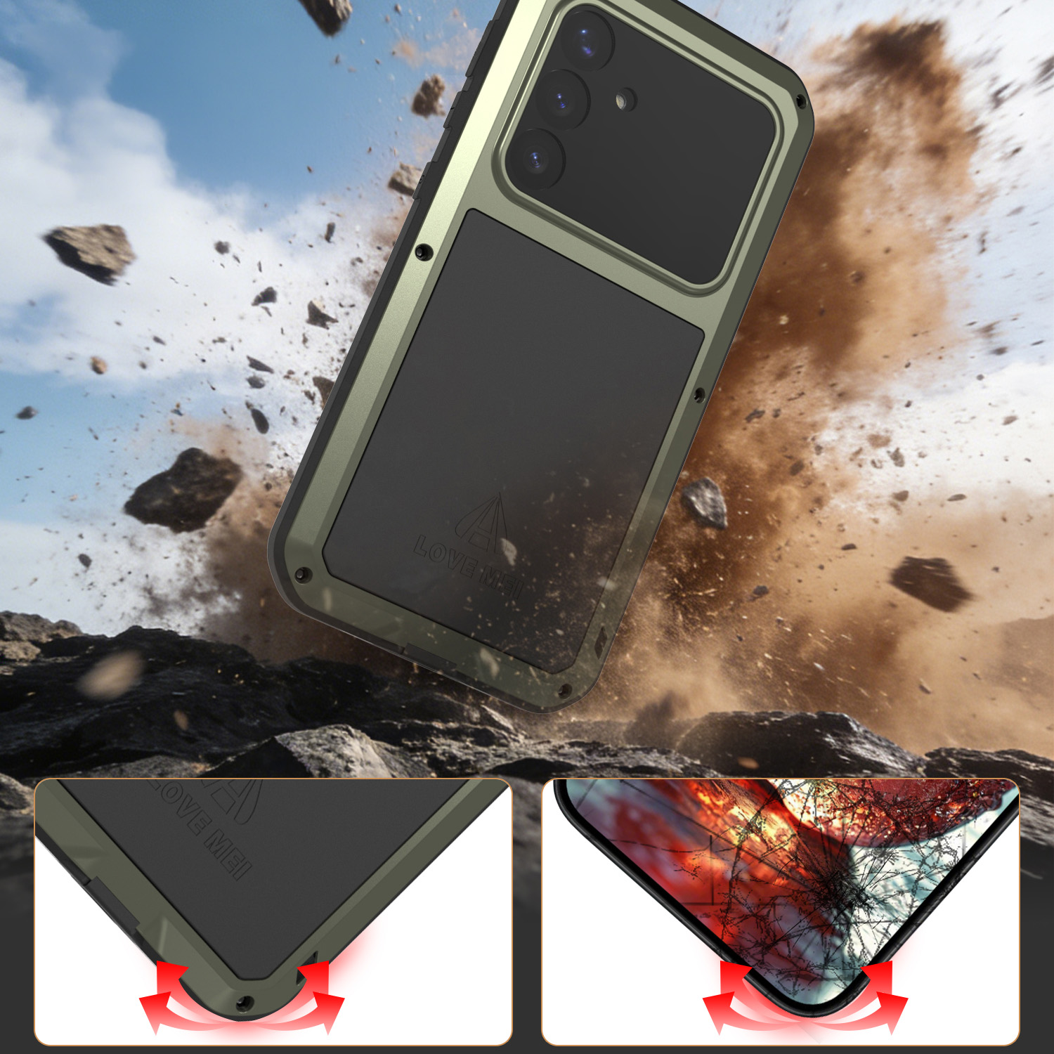 Etui pancerne + szkło LOVE MEI Powerful do Galaxy S26 Ultra, zielone