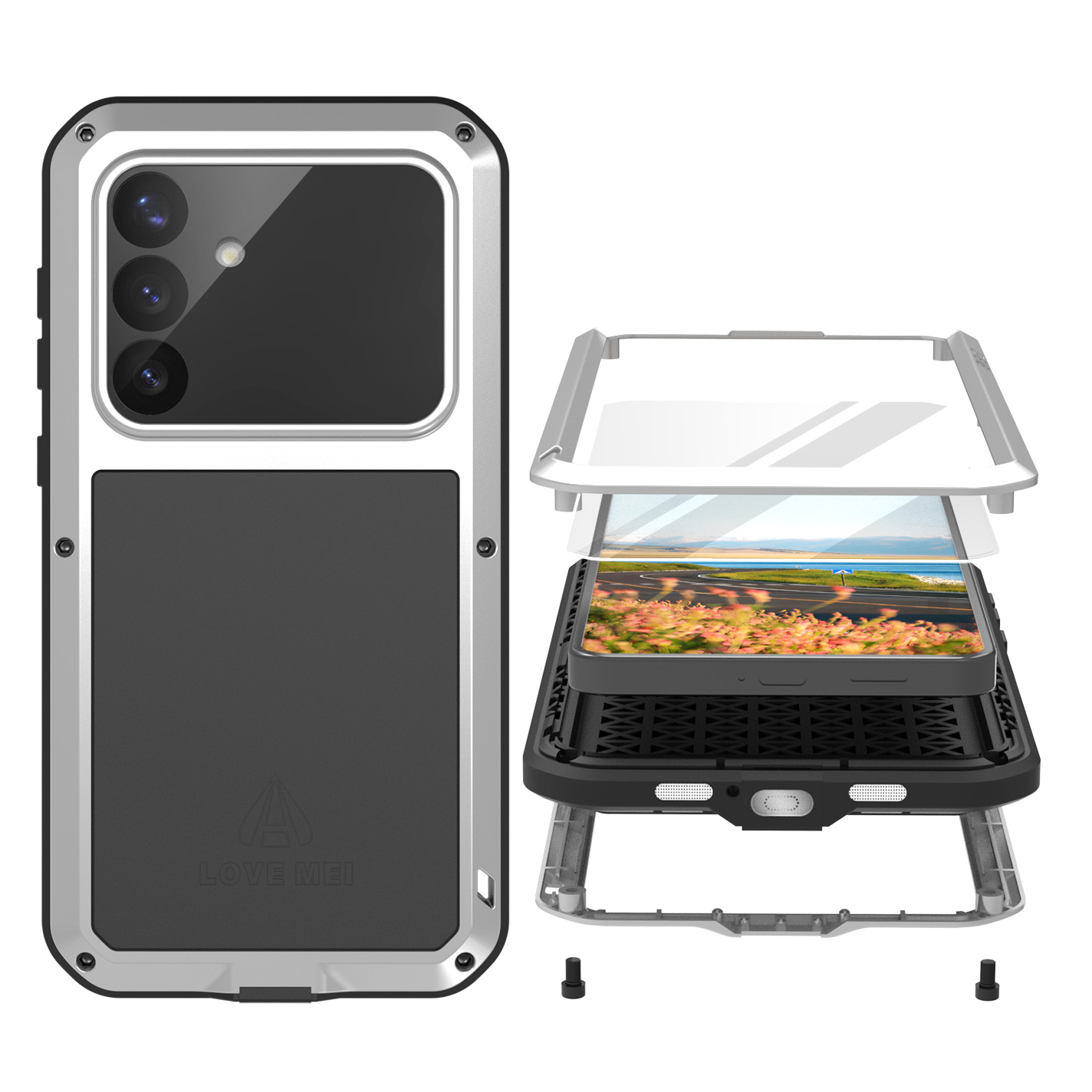 Etui pancerne + szkło LOVE MEI Powerful do Galaxy S26 Ultra, srebrne