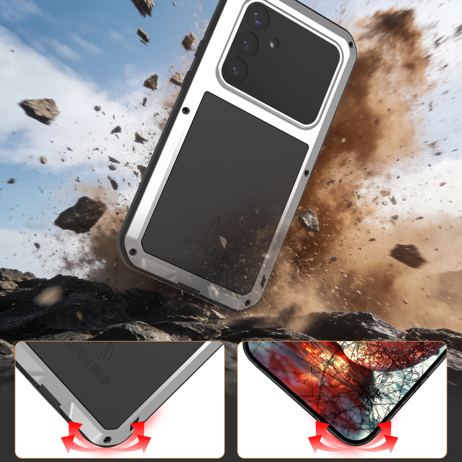 Etui pancerne + szkło LOVE MEI Powerful do Galaxy S26 Ultra, srebrne