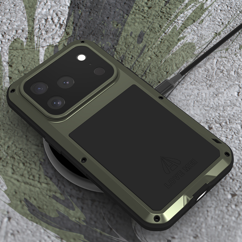 Etui pancerne + szkło LOVE MEI Powerful do iPhone 17 Pro, zielone