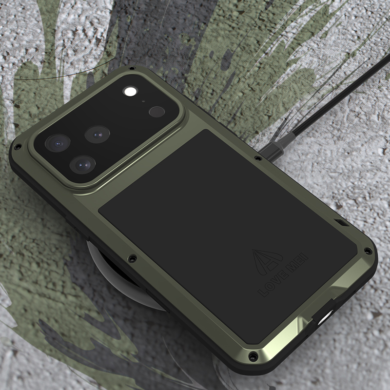 Etui pancerne + szkło LOVE MEI Powerful do iPhone 17 Pro Max, zielone