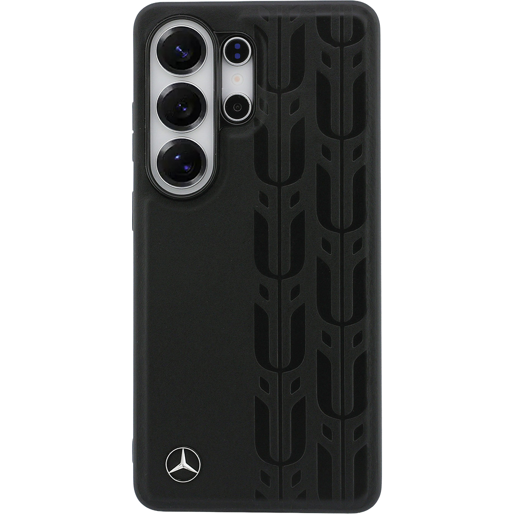 Etui Mercedes-Benz Leather Laurel Leaves Stripes do Galaxy S26 do MagSafe, czarne z eleganckim wzorem sportowym