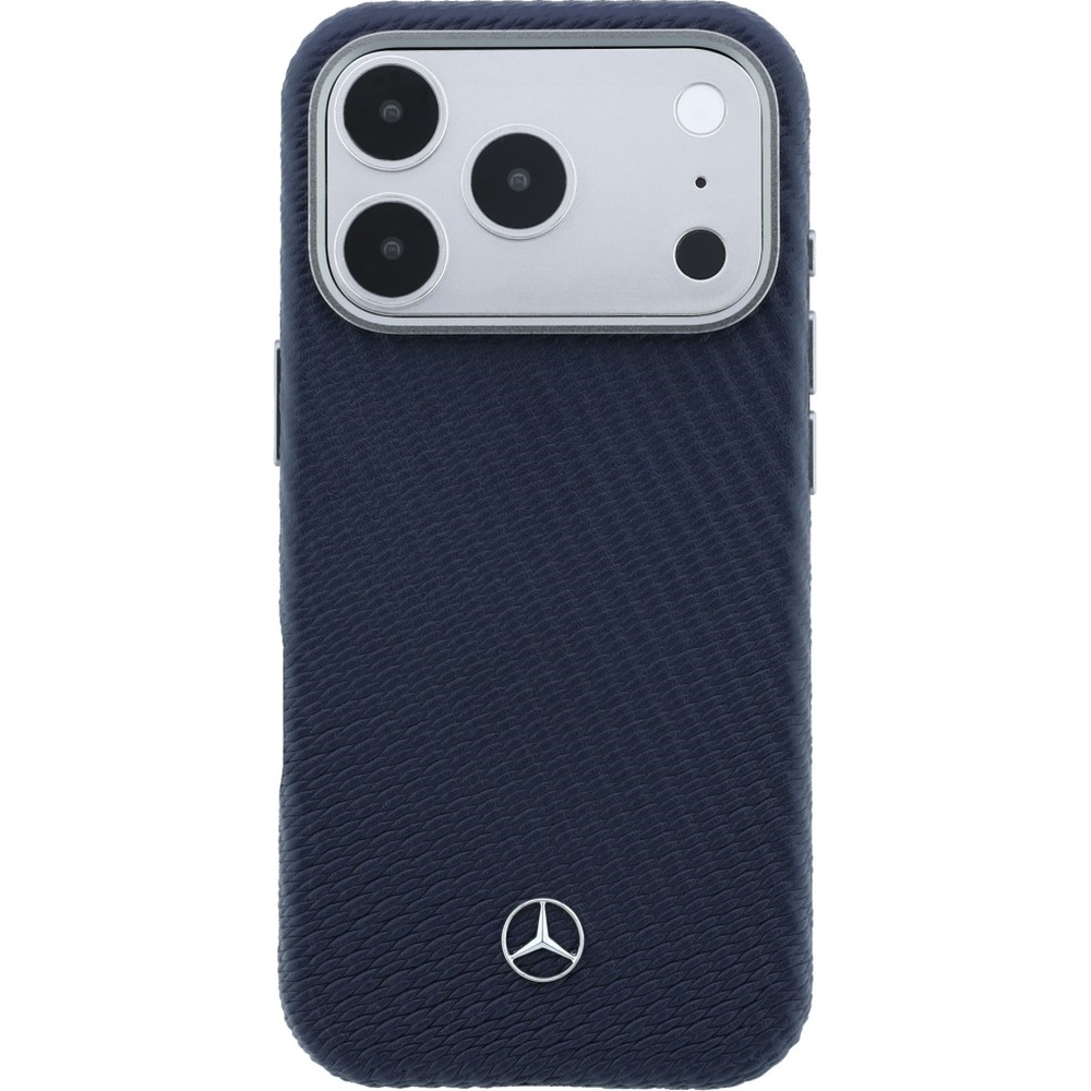 Mercedes-Benz Leather Semi Wrap Wood Effect MagSafe, pewny chwyt i wzmocnione plecki, amortyzujące, stabilne, granatowe