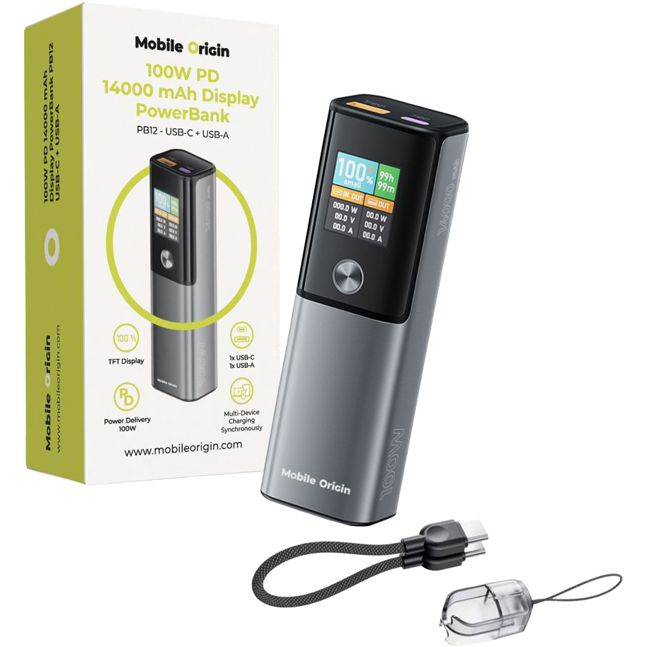Mobile Origin PB12, mobilny powerbank 100W pojemność podróżny, szaro-czarny