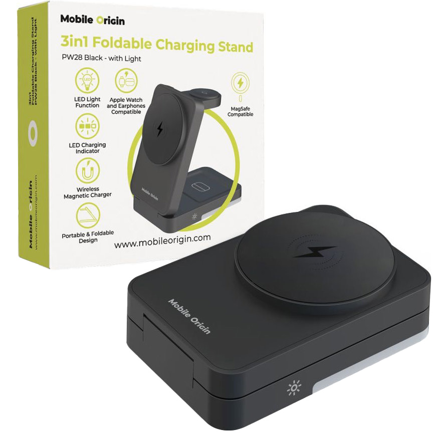 Mobile Origin Foldable Charging Stand PW28, składana stacja ładowania 3w1 Qi, magnetyczna, kompaktowa, szybka, elegancka, czarna