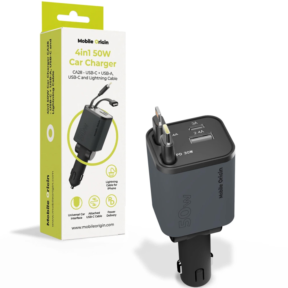 Ładowarka samochodowa Mobile Origin Car Charger CA28 PD 50W, USB-A, USB-C, z kablem USB-C, Lightning, czarno-szara