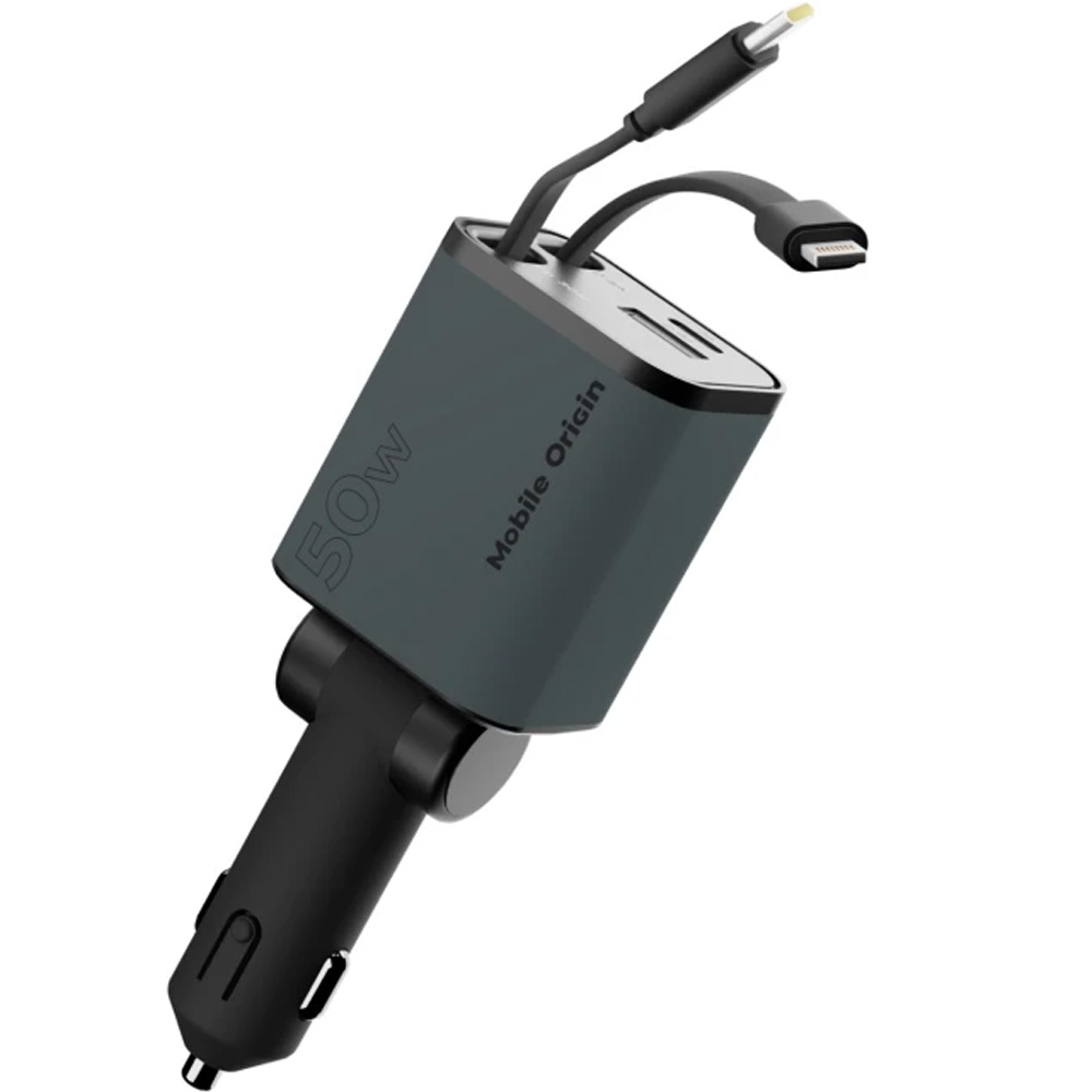 Ładowarka samochodowa Mobile Origin Car Charger CA28 PD 50W, USB-A, USB-C, z kablem USB-C, Lightning, czarno-szara