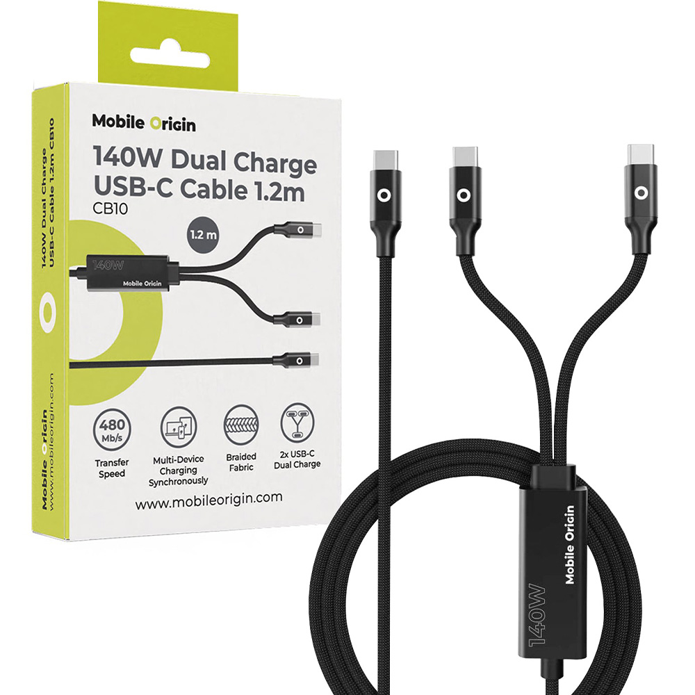 Kabel Mobile Origin CB10 USB-C do 2x USB-C, 140W PD, PPS, QC, 480 Mbps, 1,2 m, czarny