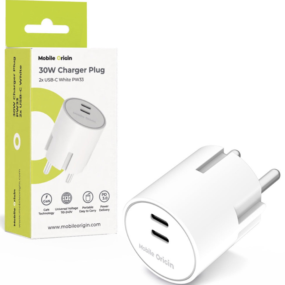 Ładowarka sieciowa GaN 2x USB-C, 30W, Mobile Origin Charger Plug PW33, biała 