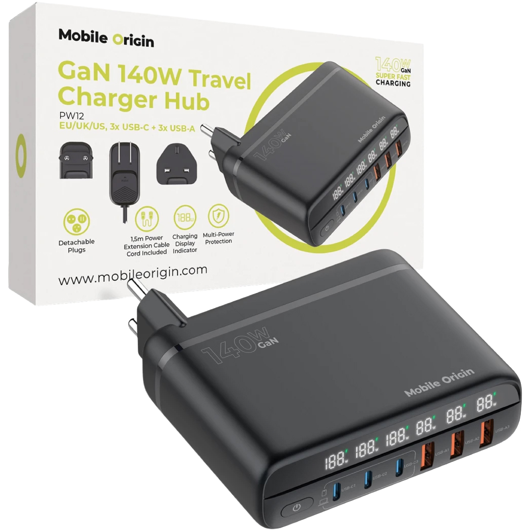 Mobile Origin Travel Charger Hub PW12, szybka ładowarka z kompaktowym designem, mocna, czarna