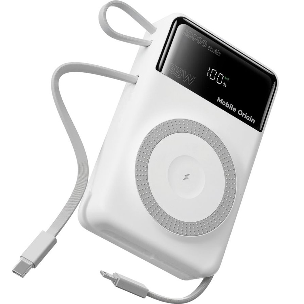 Powerbank indukcyjny Mobile Origin PB15 do MagSafe 15W, 20000 mAh, USB-A 22.5W, USB-C PD 35W z wbudowanym kablem USB-C i Lightning, biały
