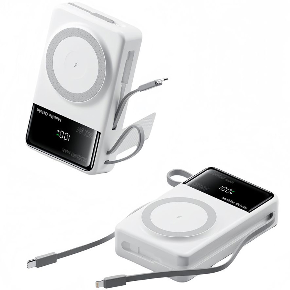 Powerbank indukcyjny Mobile Origin PB15 do MagSafe 15W, 20000 mAh, USB-A 22.5W, USB-C PD 35W z wbudowanym kablem USB-C i Lightning, biały
