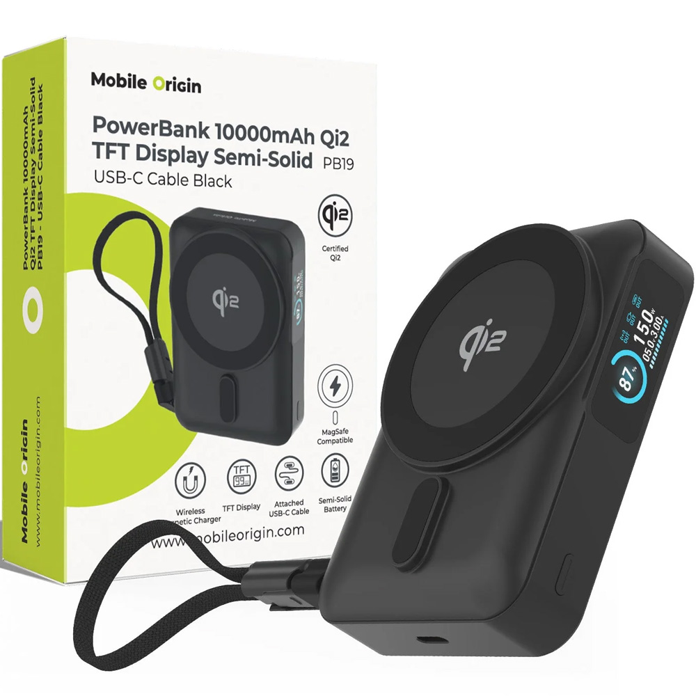 Powerbank indukcyjny Mobile Origin PB19 do MagSafe, Qi2 15W, USB-C 20W, 10 000mAh + kabel USB-C, czarny