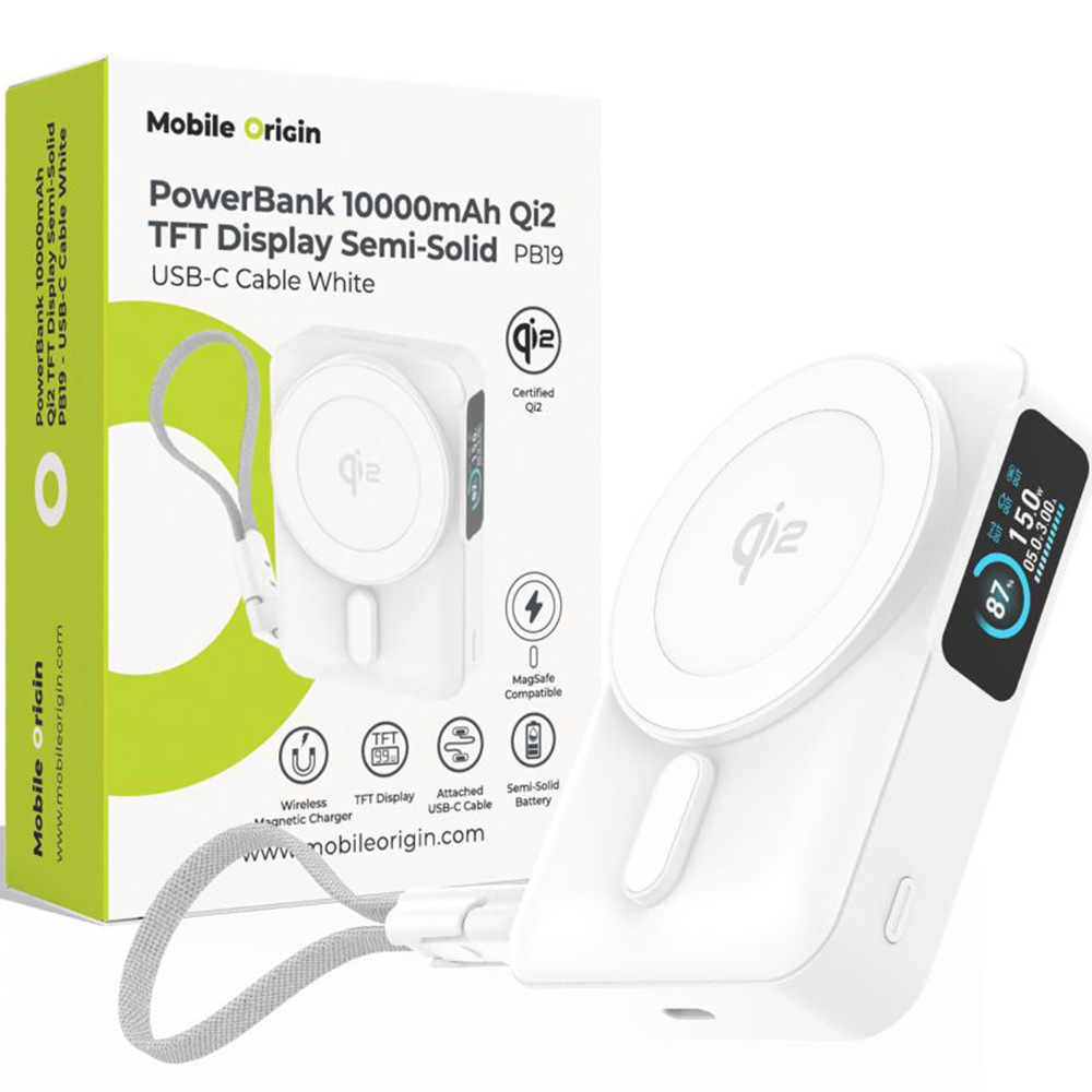 Powerbank indukcyjny Mobile Origin PB19 do MagSafe, Qi2 15W, USB-C 20W, 10 000mAh + kabel USB-C, biały