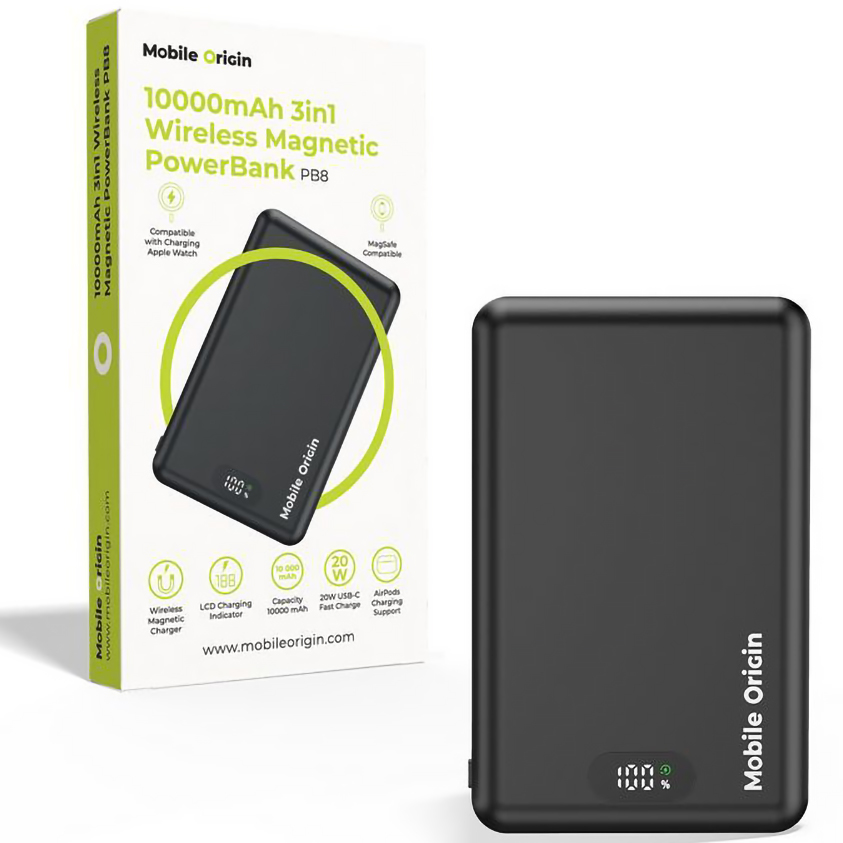 Mobile Origin PowerBank 10000mAh 3in1 Wireless Magnetic PowerBank PB8, kompaktowy energetyczny powerbank z szybkim ładowaniem magnesem, czarny