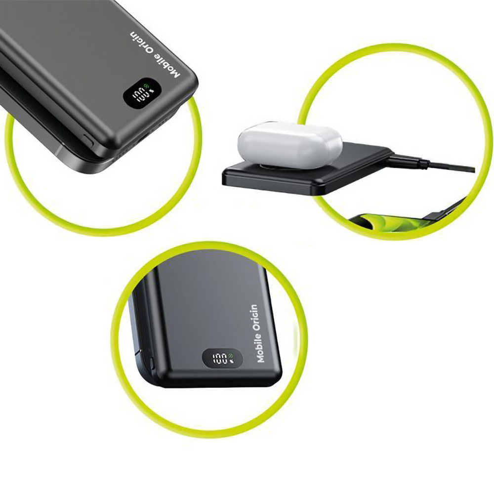 Mobile Origin PowerBank 10000mAh 3in1 Wireless Magnetic PowerBank PB8, smukła aluminiowa obudowa minimalistyczny praktyczny design, czarny