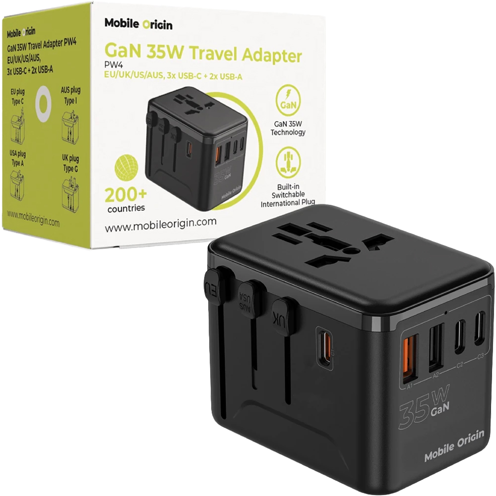 Mobile Origin Travel Adapter PW4, zaawansowany adapter podróżny GaN, uniwersalny, czarna
