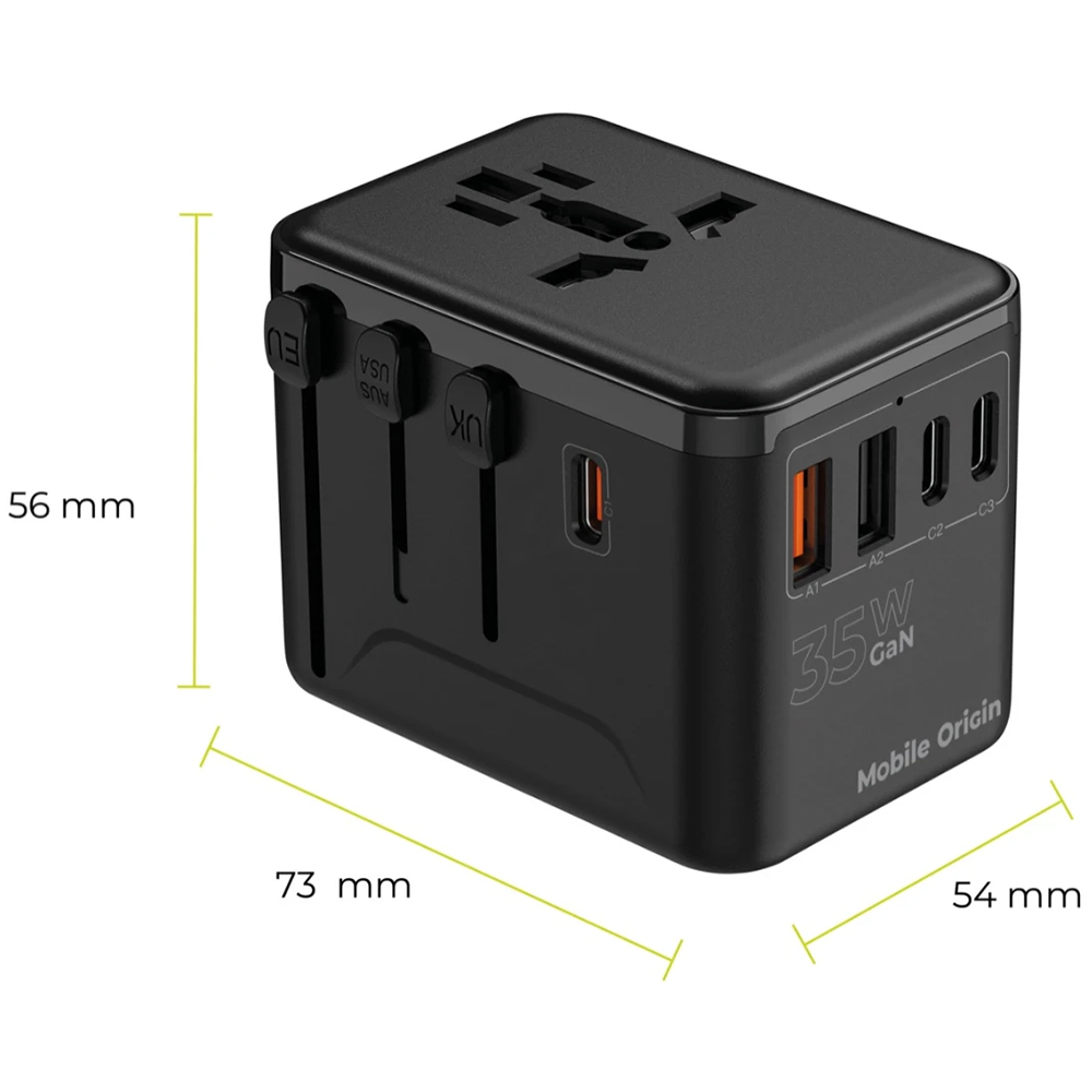 Mobile Origin Travel Adapter PW4, kompaktowa i stylowa budowa, lekki, czarna