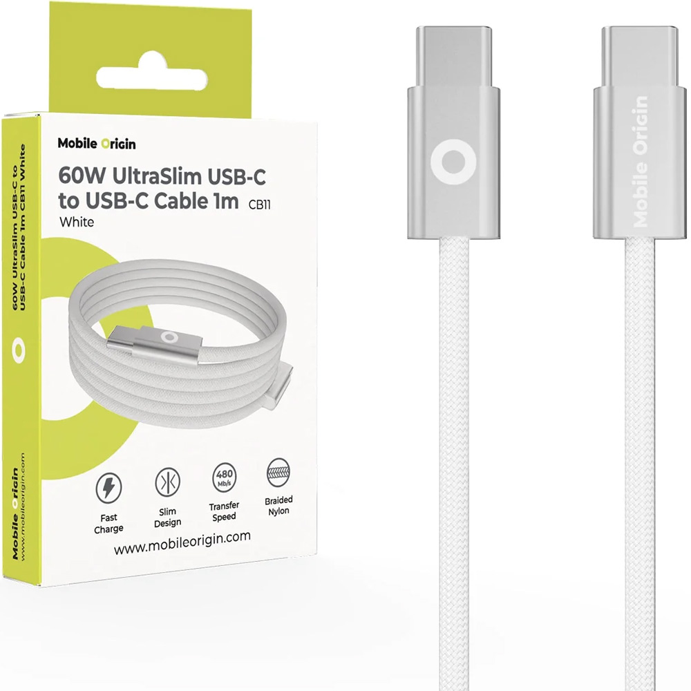 Kabel Mobile Origin UltraSlim CB11 USB-C do USB-C, PD 2.0 60W, 480 Mb/s, 1m, biały