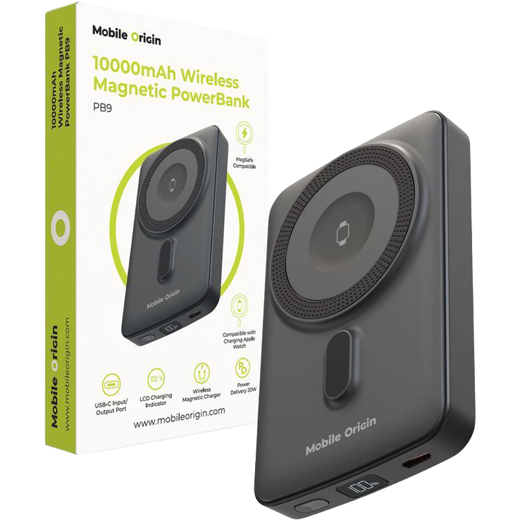 Mobile Origin Wireless Magnetic PowerBank PB9, kompaktowy powerbank z funkcją MagSafe i szybkim ładowaniem, praktyczny, czarna