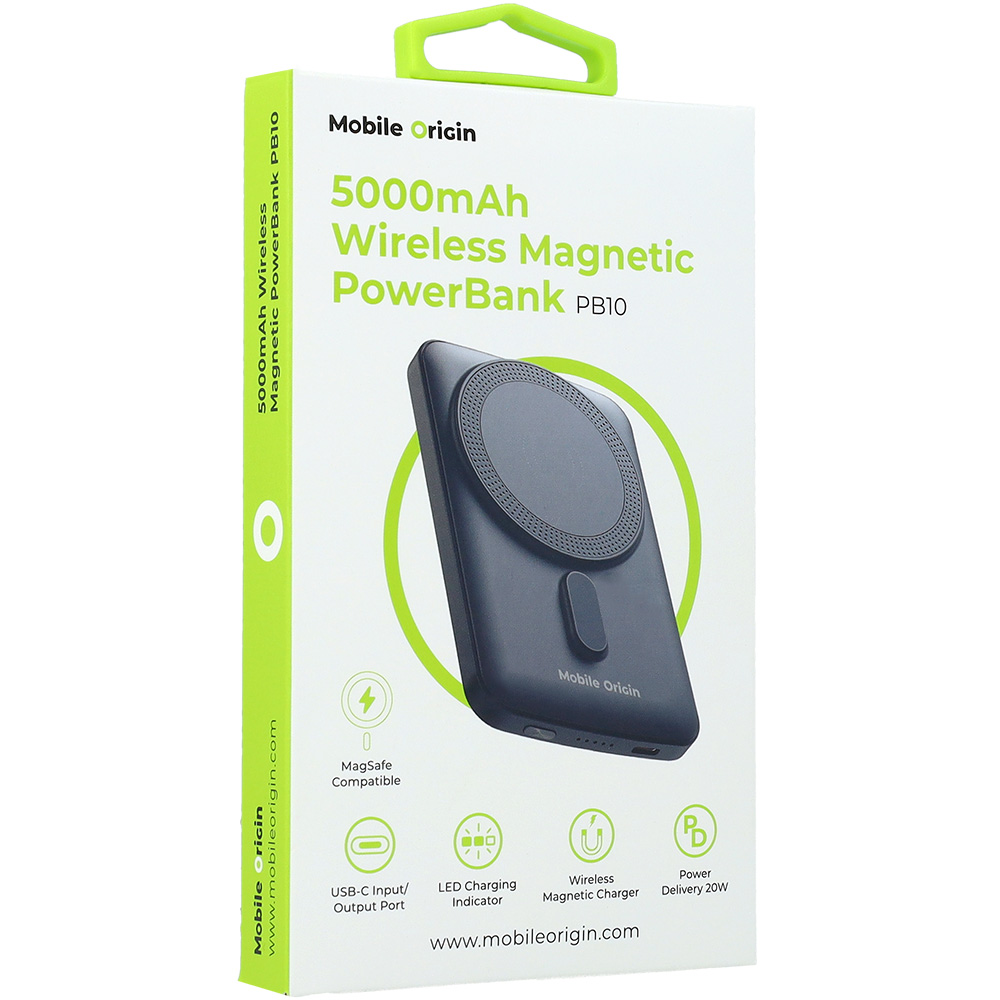 Powerbank indukcyjny Mobile Origin Wireless Magnetic PB10, magnetyczny do MagSafe, 1x USB-C, PD 20W, 5000mAh + kabel USB-C, czarny