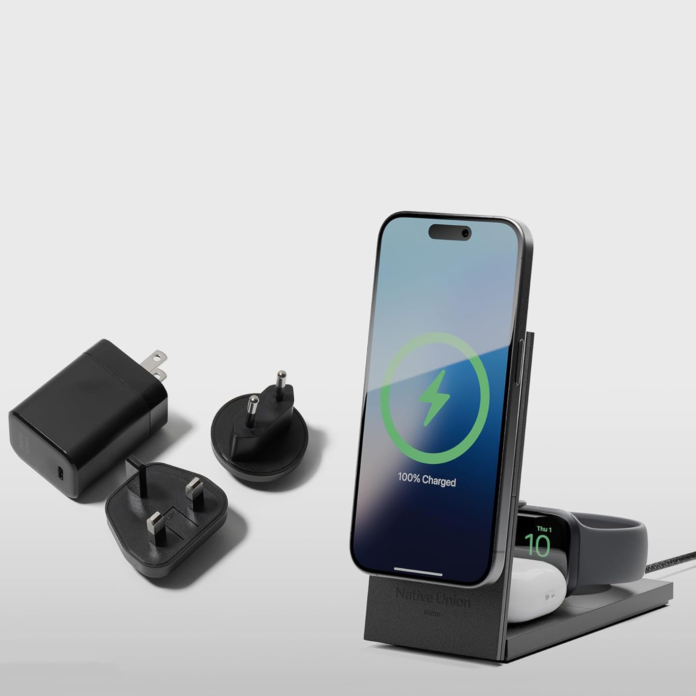 Rise 3-in-1 Magnetic Wireless Charger czarna pełny zestaw