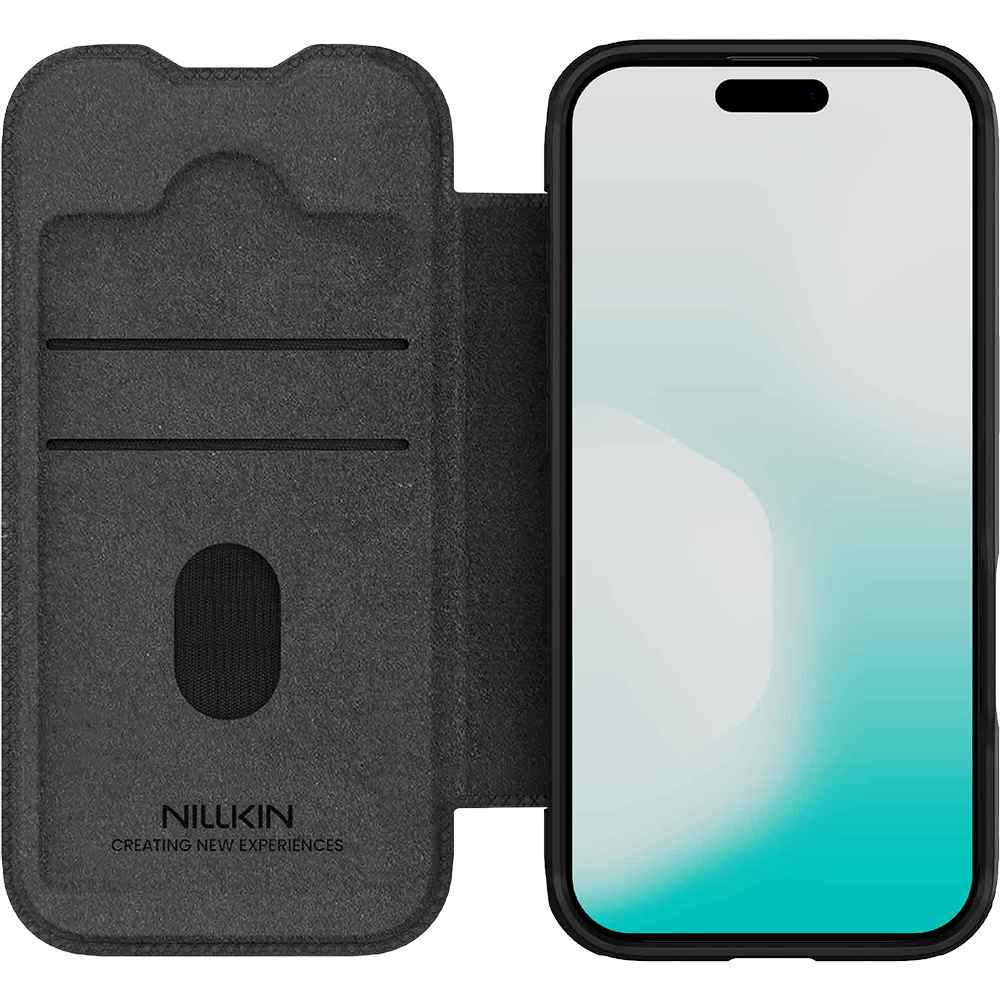 Etui z klapką i ochroną aparatu Nillkin Qin Pro do iPhone 17, czarne