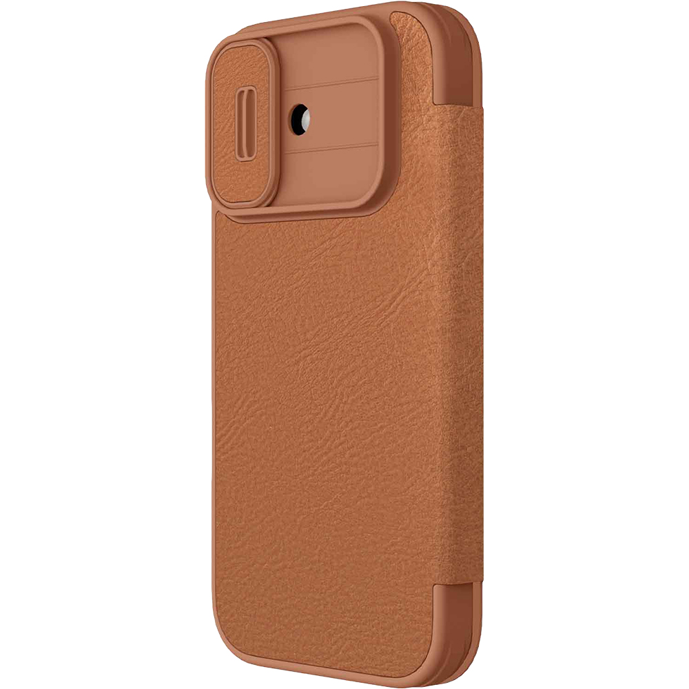 Etui z klapką i ochroną aparatu Nillkin Qin Pro do iPhone 17, brązowe