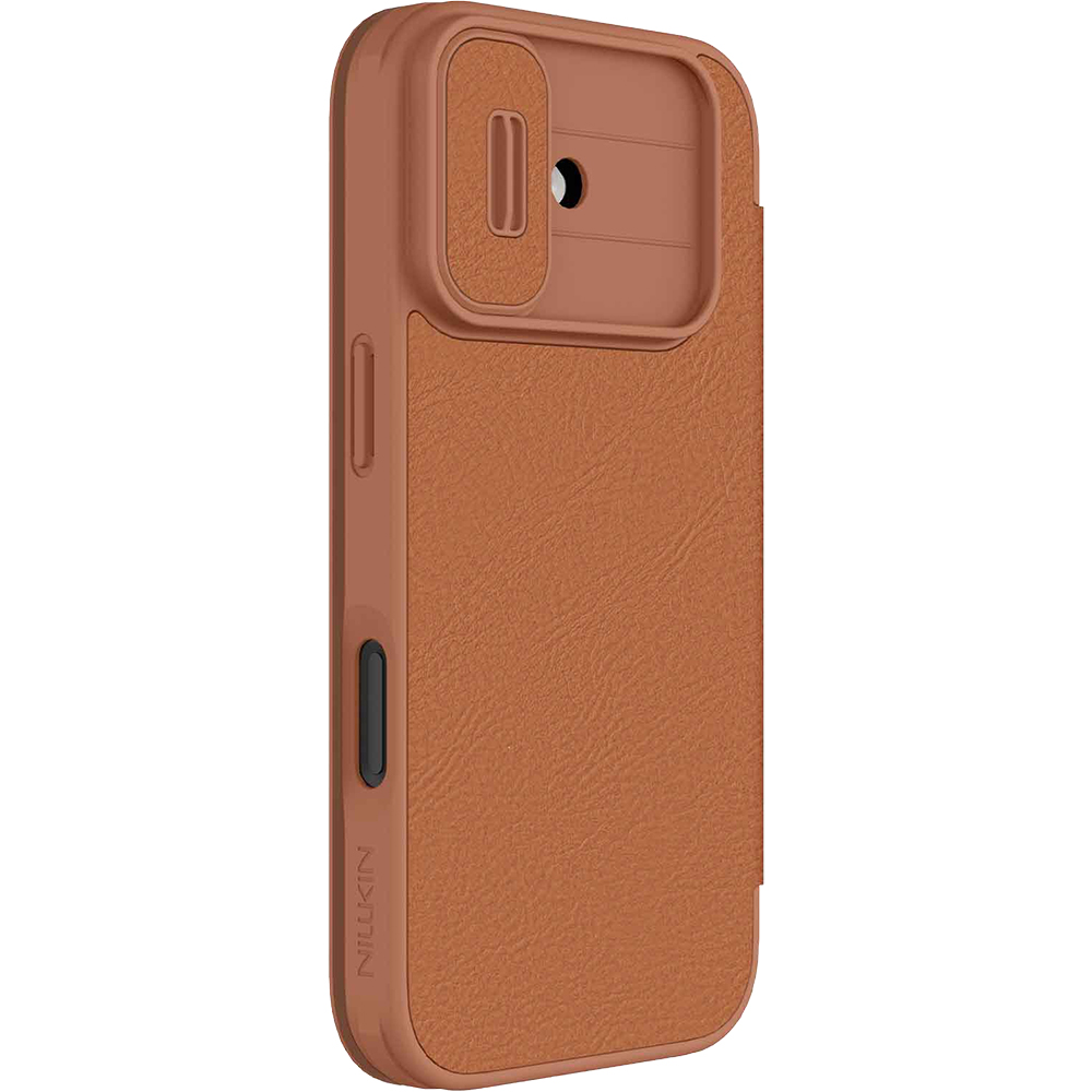 Etui z klapką i ochroną aparatu Nillkin Qin Pro do iPhone 17, brązowe