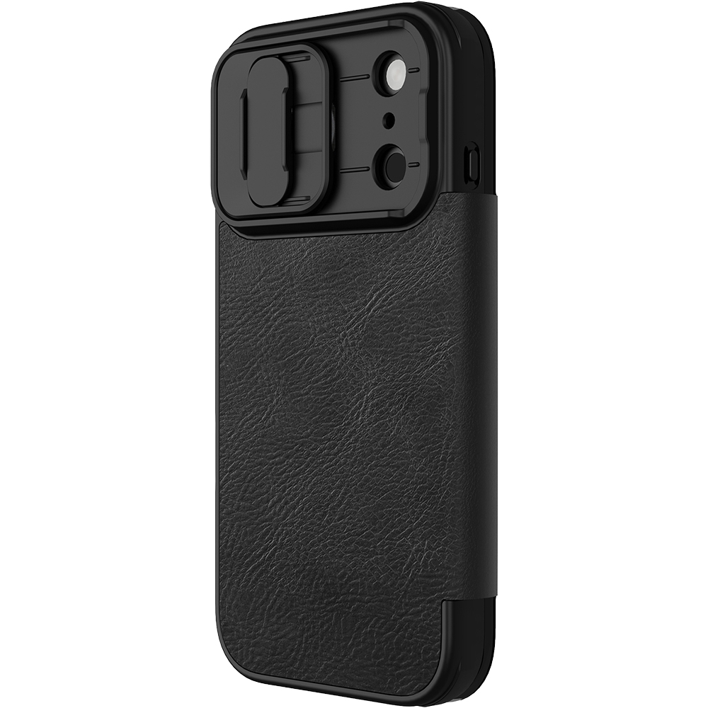 Etui z klapką i ochroną aparatu Nillkin Qin Pro do iPhone 17 Pro, czarne