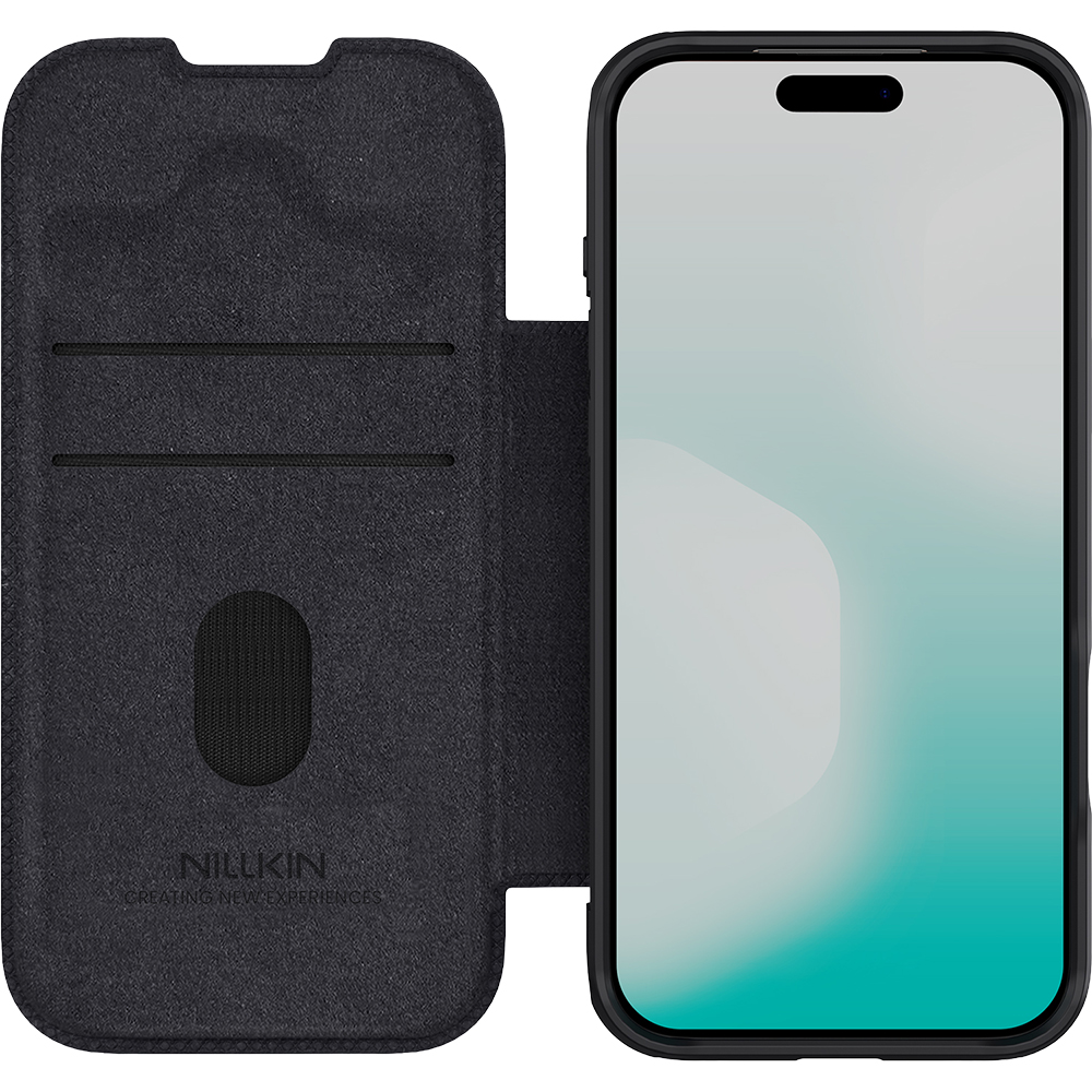 Etui z klapką i ochroną aparatu Nillkin Qin Pro do iPhone 17 Pro Max, czarne