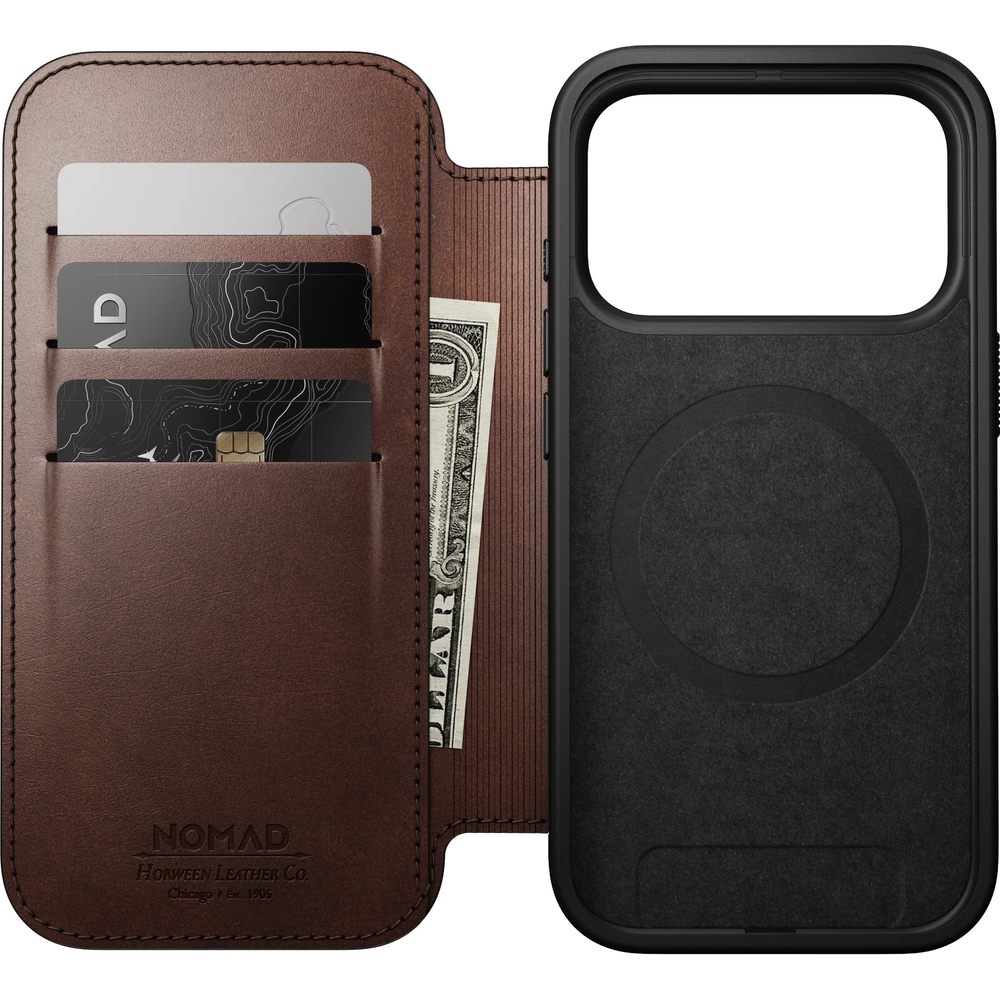 Etui z klapką Nomad Modern Leather Folio Horween Series do MagSafe, do iPhone 17 Pro, rustykalne brązowe