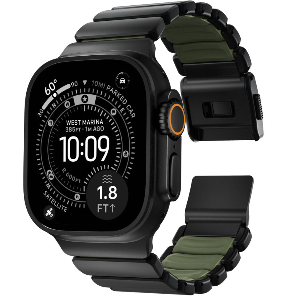 Pasek Nomad Stratos Band do Apple Watch 49/46/45/44 mm, czarny tytan z ciemnozielonym akcentem