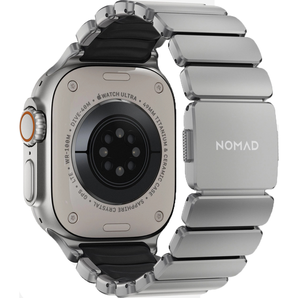 Nomad   Stratos Band, elastyczny pasek z tytanu do Apple Watch, komfortowy, srebrno-czarny