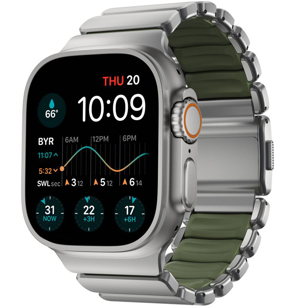 Pasek Nomad Stratos Band do Apple Watch 49/46/45/44 mm, srebrny tytan z ciemnozielonym akcentem