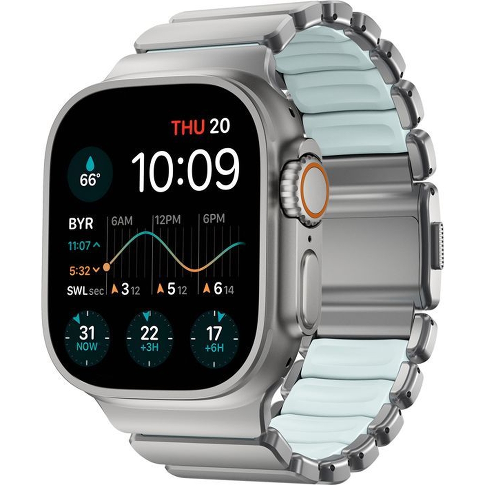 Nomad Stratos Band, tytanowy pasek z elastycznym FKM, nowoczesny, srebrny z niebieskim akcentem