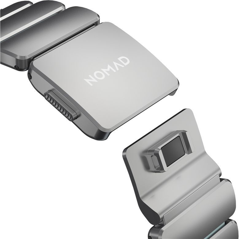 Nomad Stratos Band, tytanowy pasek do zegarka z matowymi ogniwami, dopasowujący się, srebrny z niebieskim akcentem