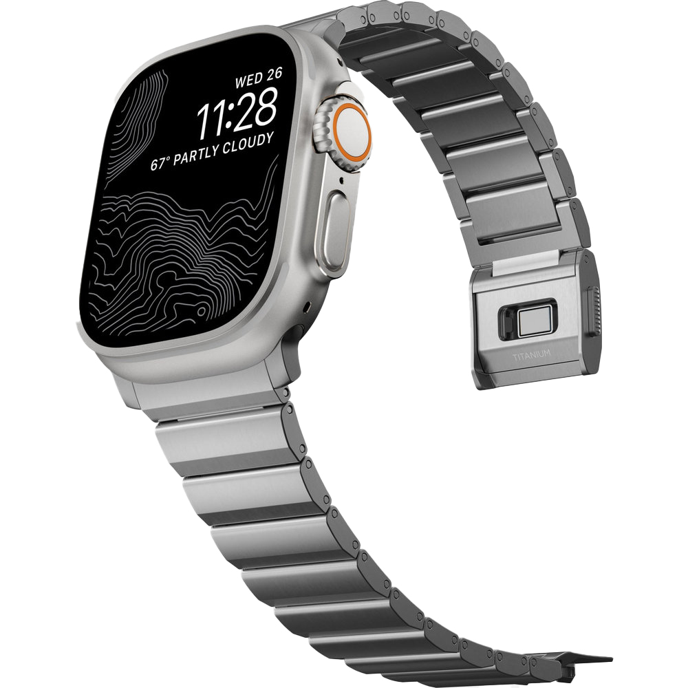 Nomad Titanium Band, bransoleta premium do Apple Watch, wykonana z tytanu, idealnie dopasowana do zegarka, elegancka i trwała.