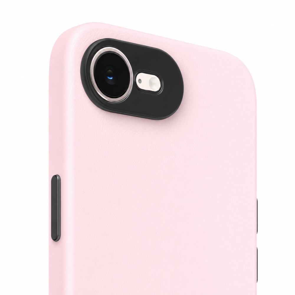 Podwyższona ochrona aparatu w różowym etui YAXO Leather Gear Slim Case MagSafe do iPhone 17e