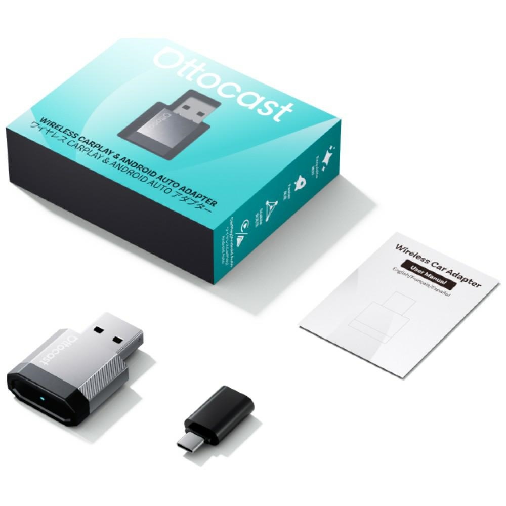 Zawartość zestawu Ottocast Mini NOVA – adapter, przejściówka USB-A – USB-C i instrukcja obsługi