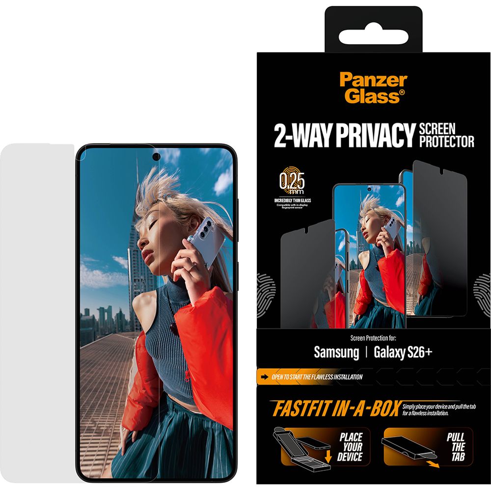 Szkło prywatyzujące z aplikatorem PanzerGlass 2-Way Privacy Ultra-Wide Fit FastFit do Galaxy S26 Plus