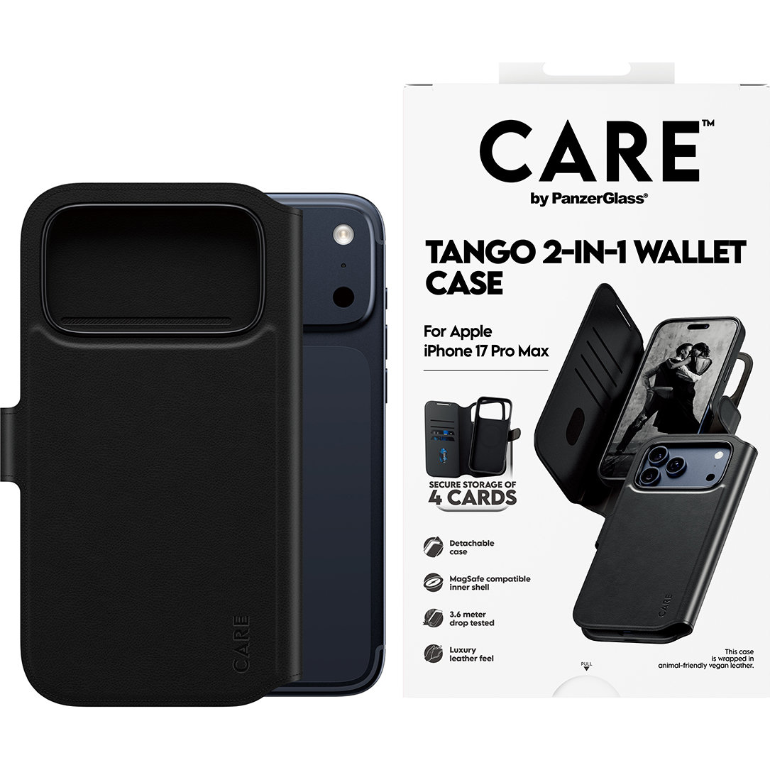 Etui z klapką Care by PanzerGlass Feature Tango 2w1 Wallet Magnetic do iPhone 17 Pro Max, czarne