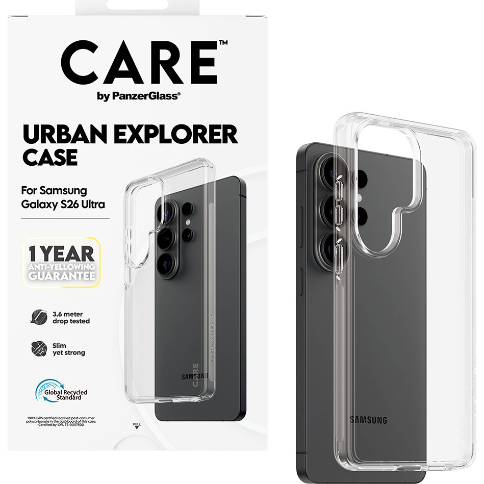 CARE by PanzerGlass Urban Explorer Case, ekologiczny recykling, certyfikat GRS, wygoda, przezroczyste