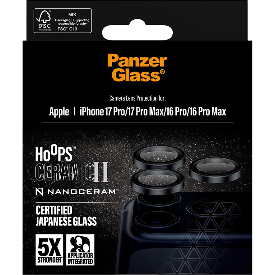 Pojedyncze lensy ze szkła ceramicznego i aluminium na aparat z aplikatorem PanzerGlass Hoops Ceramic II do iPhone 17 Pro Max / 17 Pro / 16 Pro Max / 16 Pro